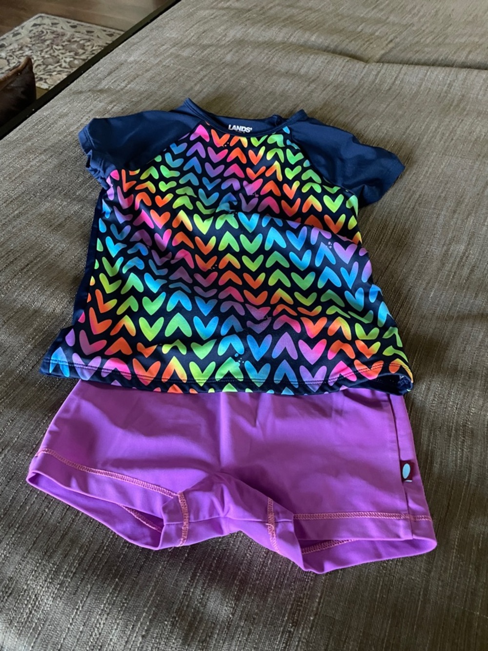 Lands' End Girls' Neon Rainbow Heart Rash Guard with Purple Swim Shorts